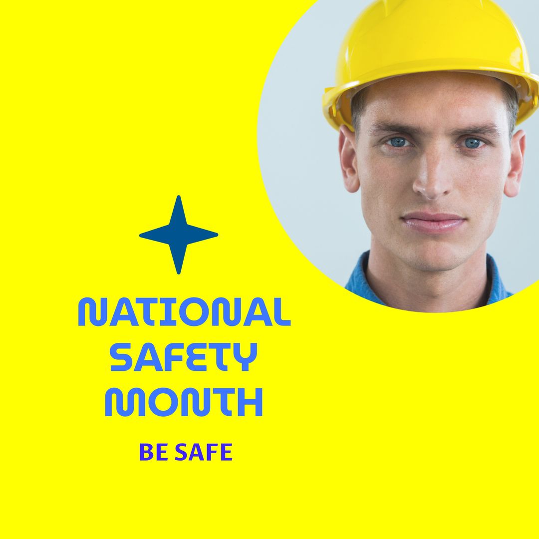 National Safety Month Text Overlay with Man Wearing Safety Helmet - Download Free Stock Templates Pikwizard.com