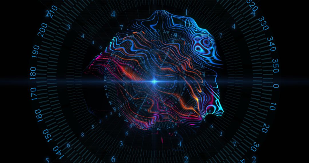 Pulsing Neural Network Wireframe Shaping Brain Contours Futuristic HUD with Numeric Ticks