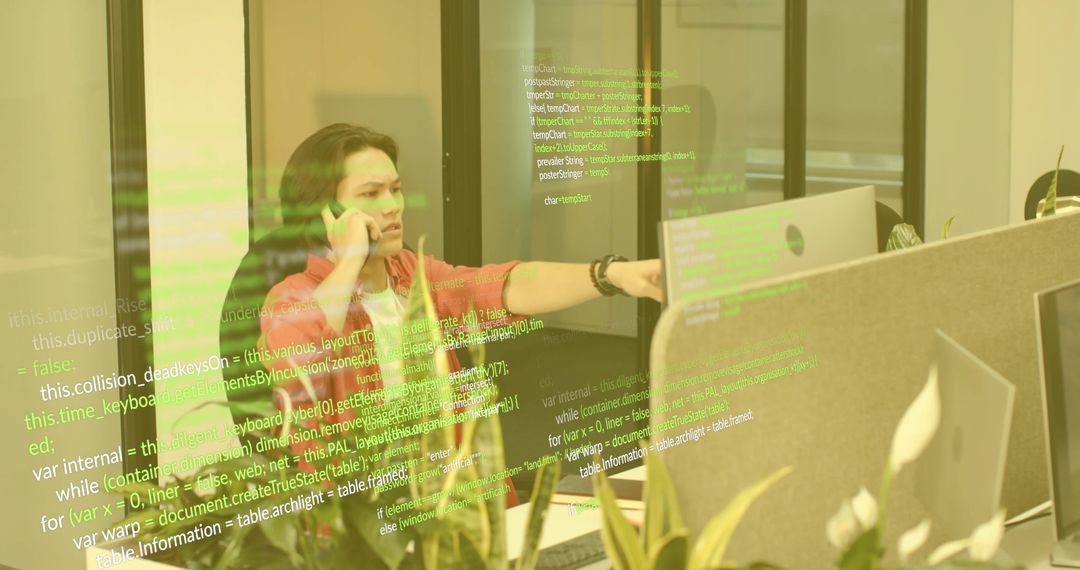 Asian Male Office Worker Facing Challenges, Coding Projection on Screen