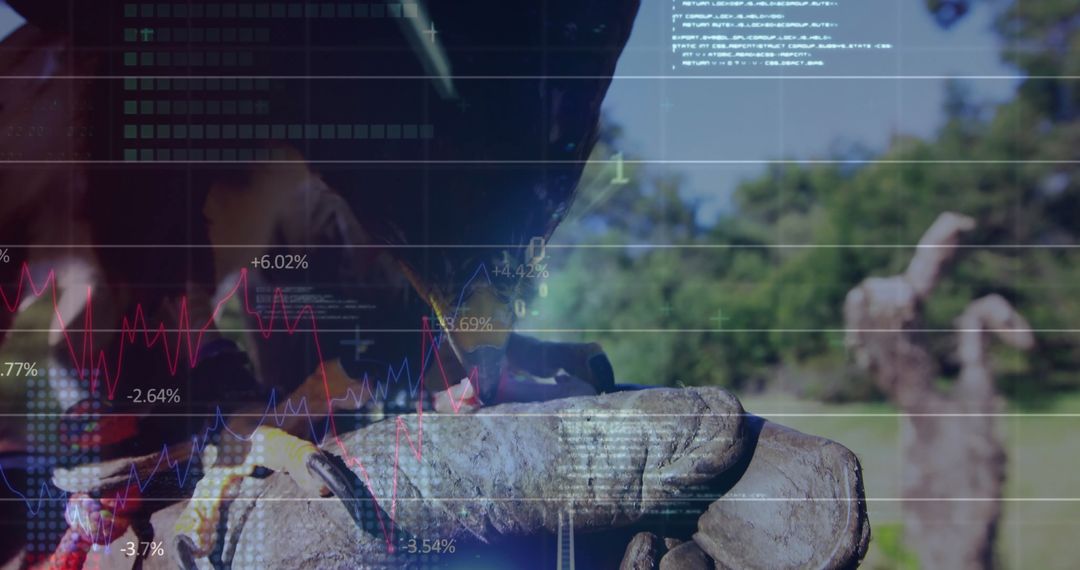 Viticulture and Financial Analysis: Worker Tending Vines with Chart Overlay