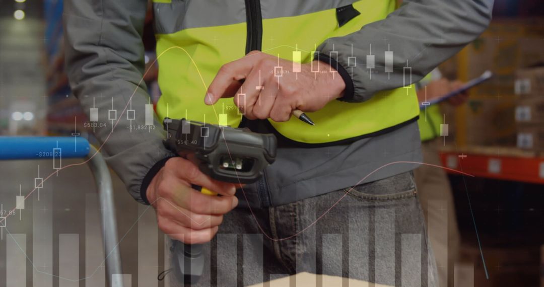 Worker Using Barcode Scanner in Warehouse with Data Overlay