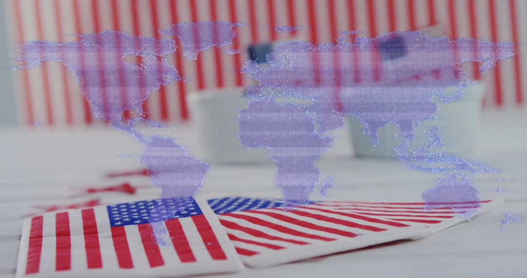 World Map Overlay on American Flags with Vibrant Stripes