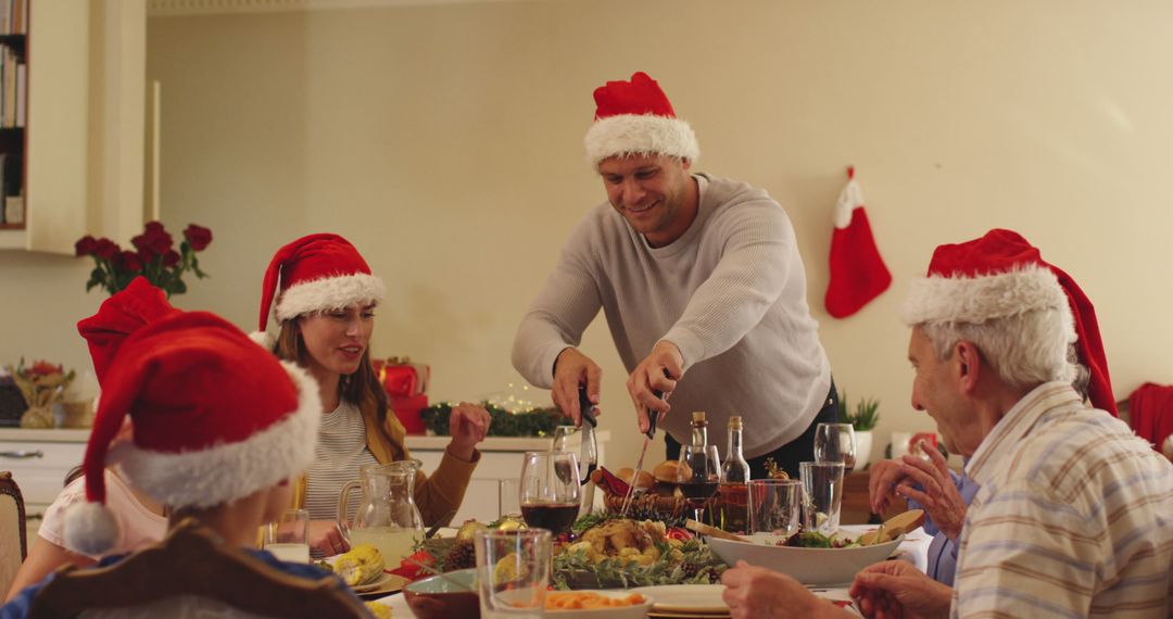 Family Enjoying Christmas Dinner With Santa Hats Indoors - Free Images, Stock Photos and Pictures on Pikwizard.com