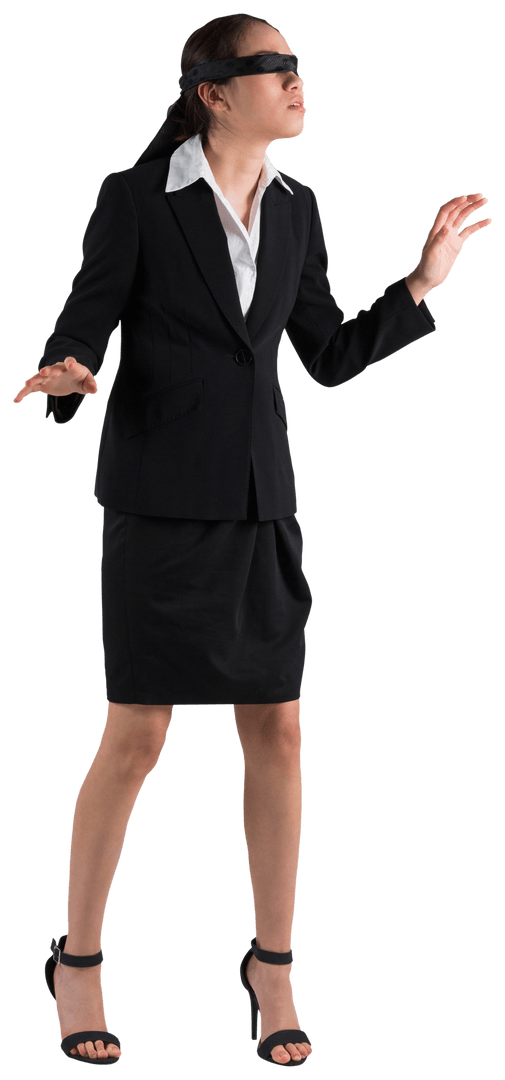 Blindfolded Businesswoman Navigating with Caution, Hands Open for Safety