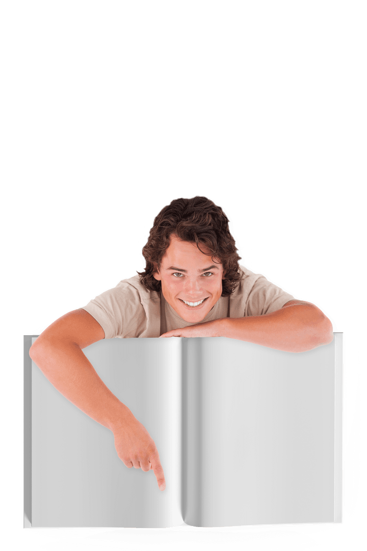 Smiling Young Man Pointing at Open Transparent Book