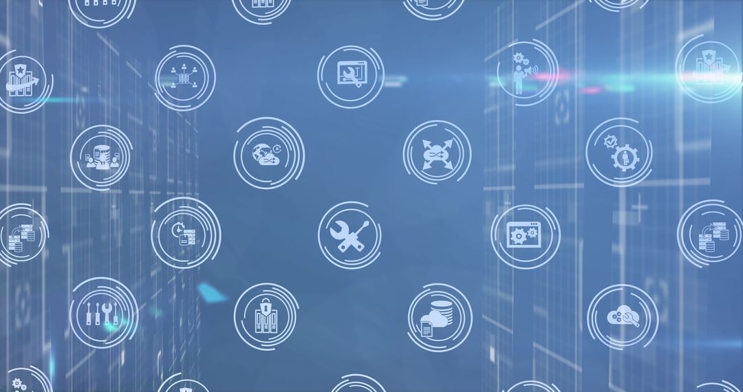 Digital Icons Overlay on Blue Background with Light Trails