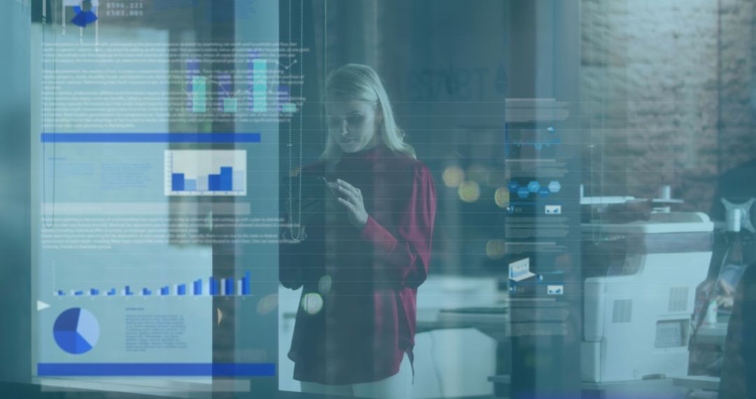 Businesswoman Analyzing Data in Modern Office with Digital Graphs