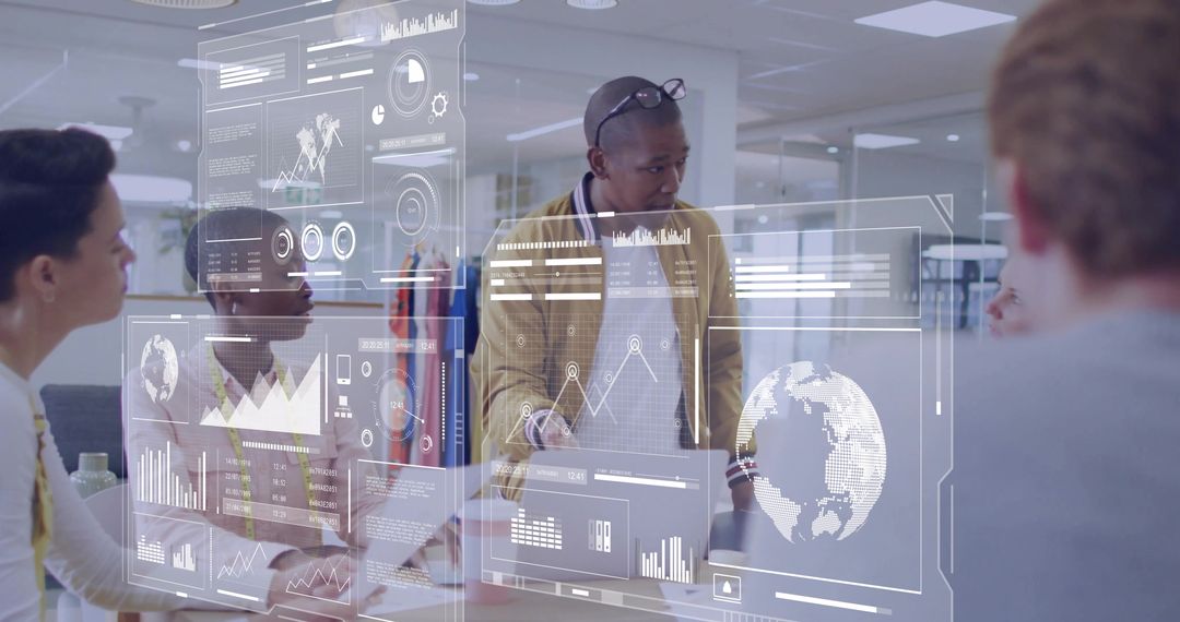 Business Leaders Discussing Futuristic Holographic Data Visualizations