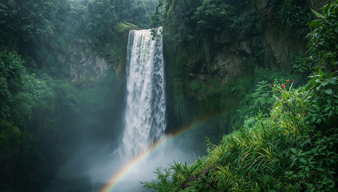 Majestic Waterfall Cascading through Lush Jungle