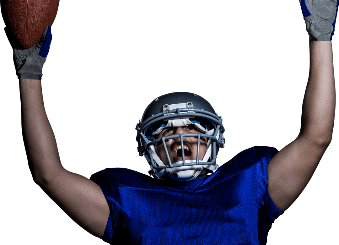 Transparent joyful football player celebrating victory in helmet