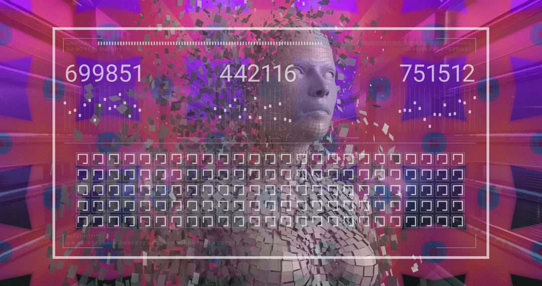 Abstract Digital Human and Data Visualization on Purple Background