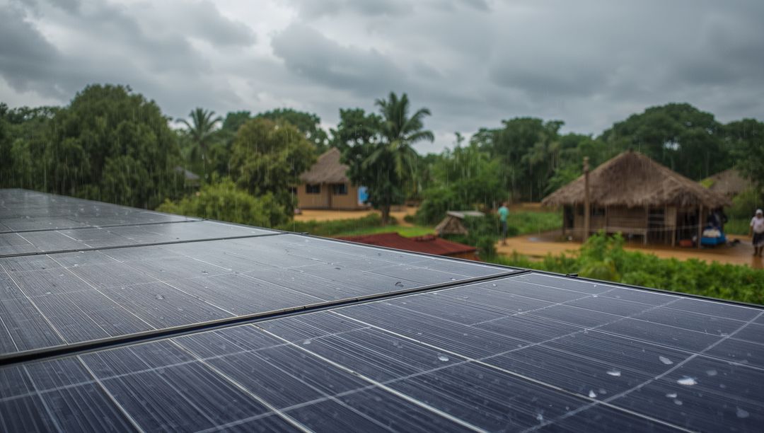 Solar Panels Collecting Rain in Tropical Village with Thatched Huts and Palm Trees