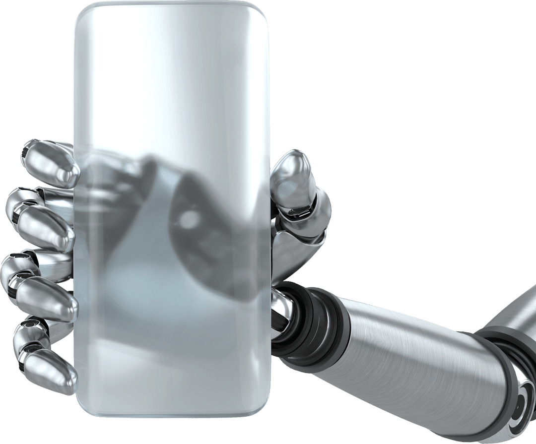 Robotic Hand Gripping Futuristic Transparent Smartphone