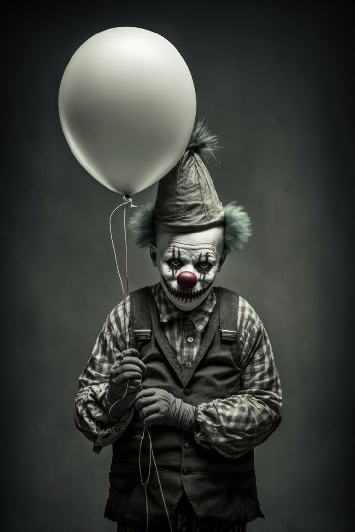 Close up of scary clown with white balloon, created using generative ai technology - Free Images, Stock Photos and Pictures on Pikwizard.com
