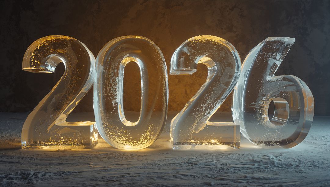 Glowing Ice Numerals 2026 with Warm Uplight, Frosted Texture, Puddles and Moody Backlight