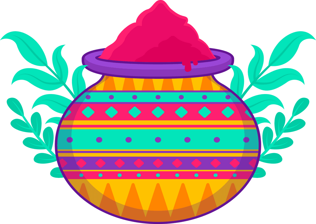Festive Pot with Vibrant Patterns and Red Holi Powder on Transparent Background