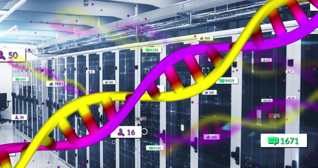 DNA Strand Overlays Server Room Representing Medical Data Processing