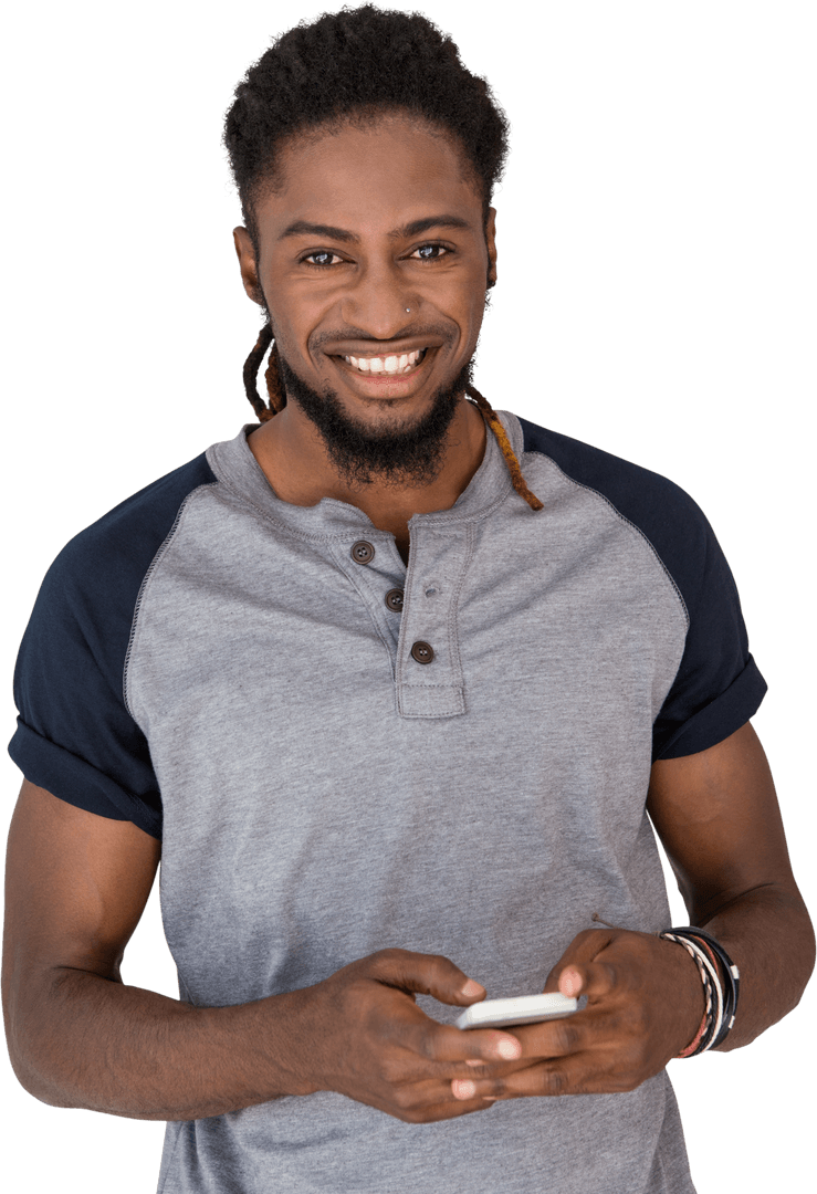 Transparent Smiling Man Holding Smartphone in Casual Attire