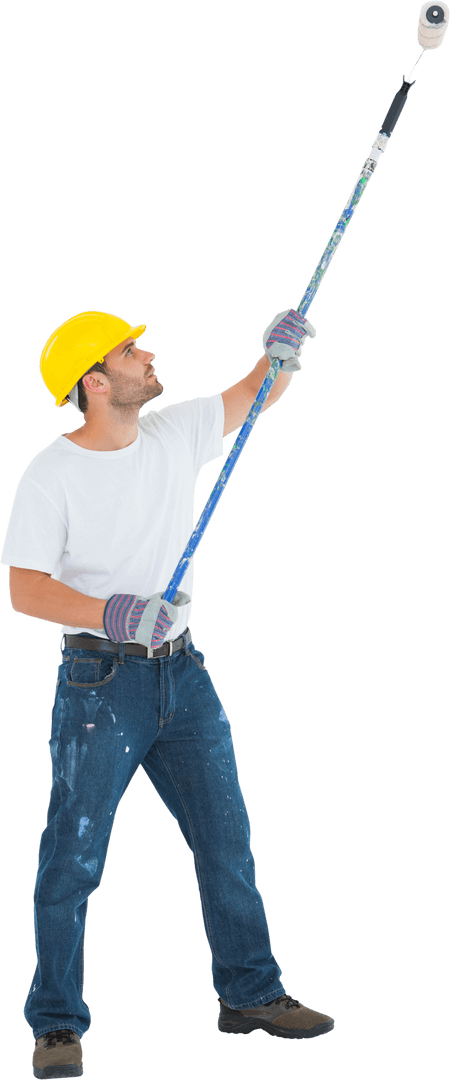 Painter in Protective Gear Using Roller on Transparent Background