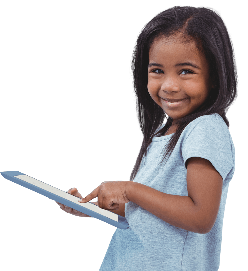 Smiling Young Girl Using Tablet on Transparent Background