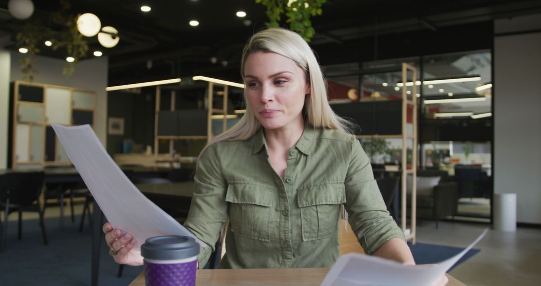 Businesswoman Analyzing Documents in Modern Open Office - Free Images, Stock Photos and Pictures on Pikwizard.com