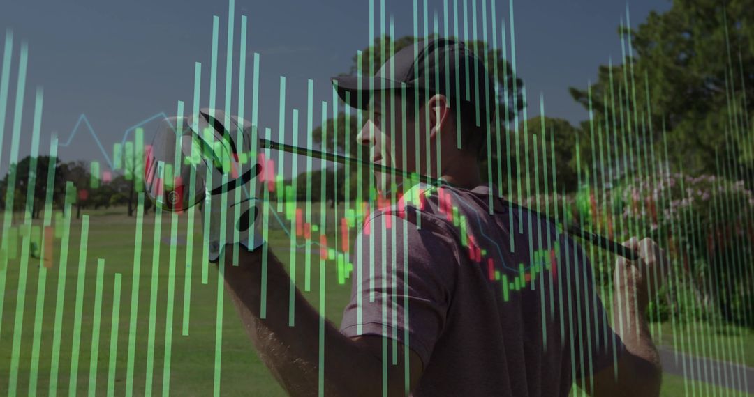 Golfer swinging on sunny fairway with candlestick chart overlay, sports finance concept