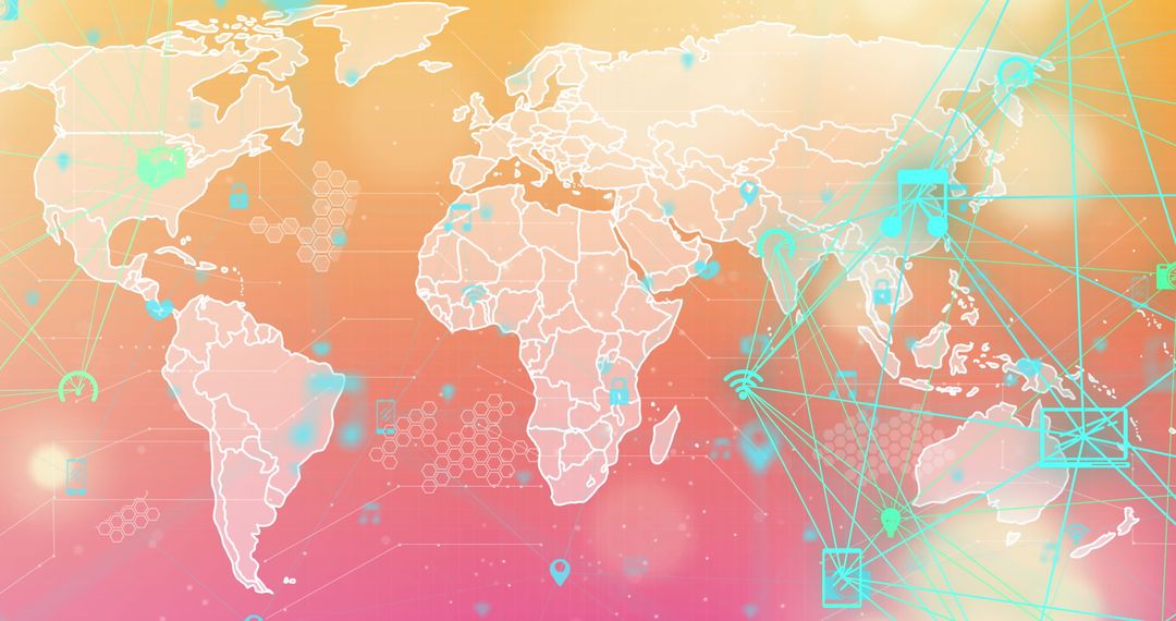 Digital Connectivity World Map with Network Icons Overlay