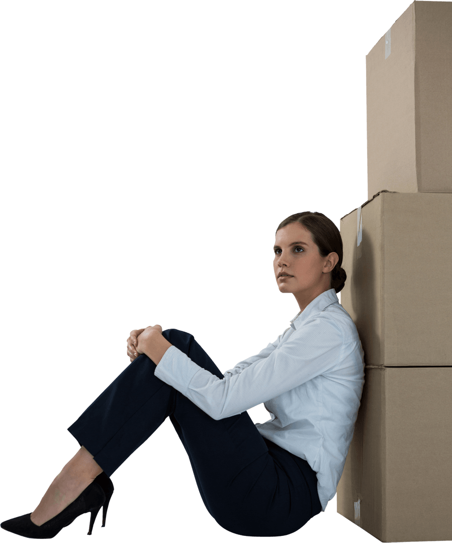 Transparent Professional Woman Leaning on Moving Boxes