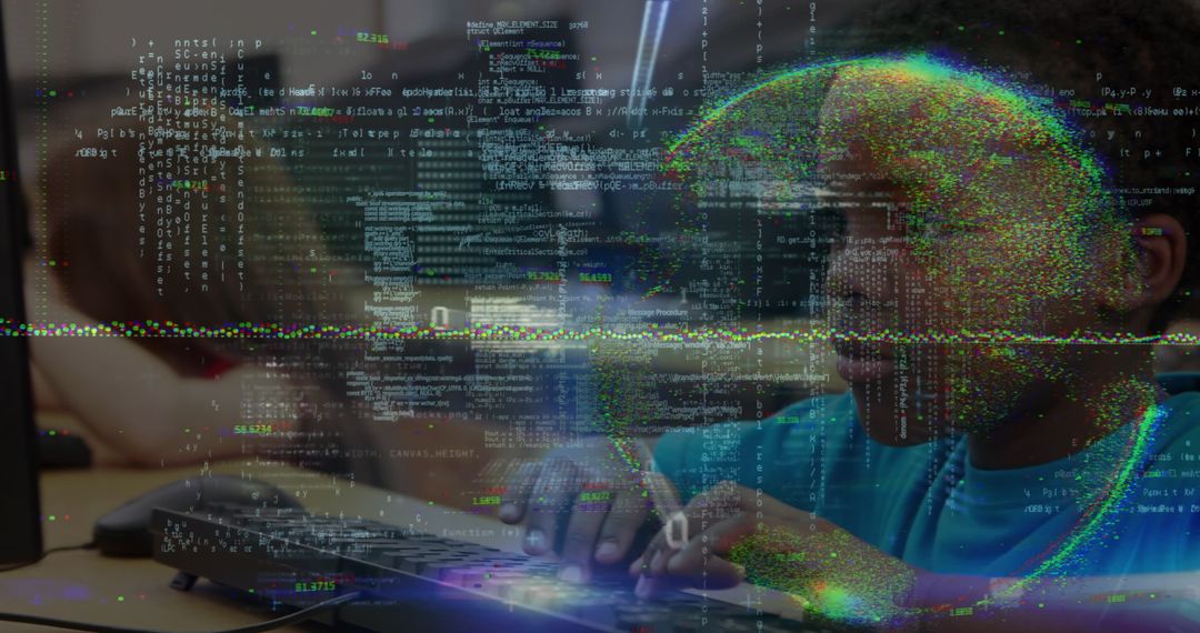 Young Student Interacting with Technology and Coding Imagery