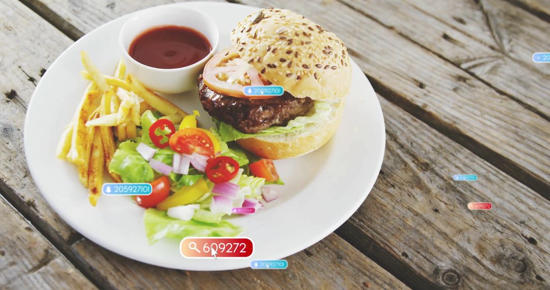 Rustic Veggie Burger Plate with Fries and Salad on Wooden Table