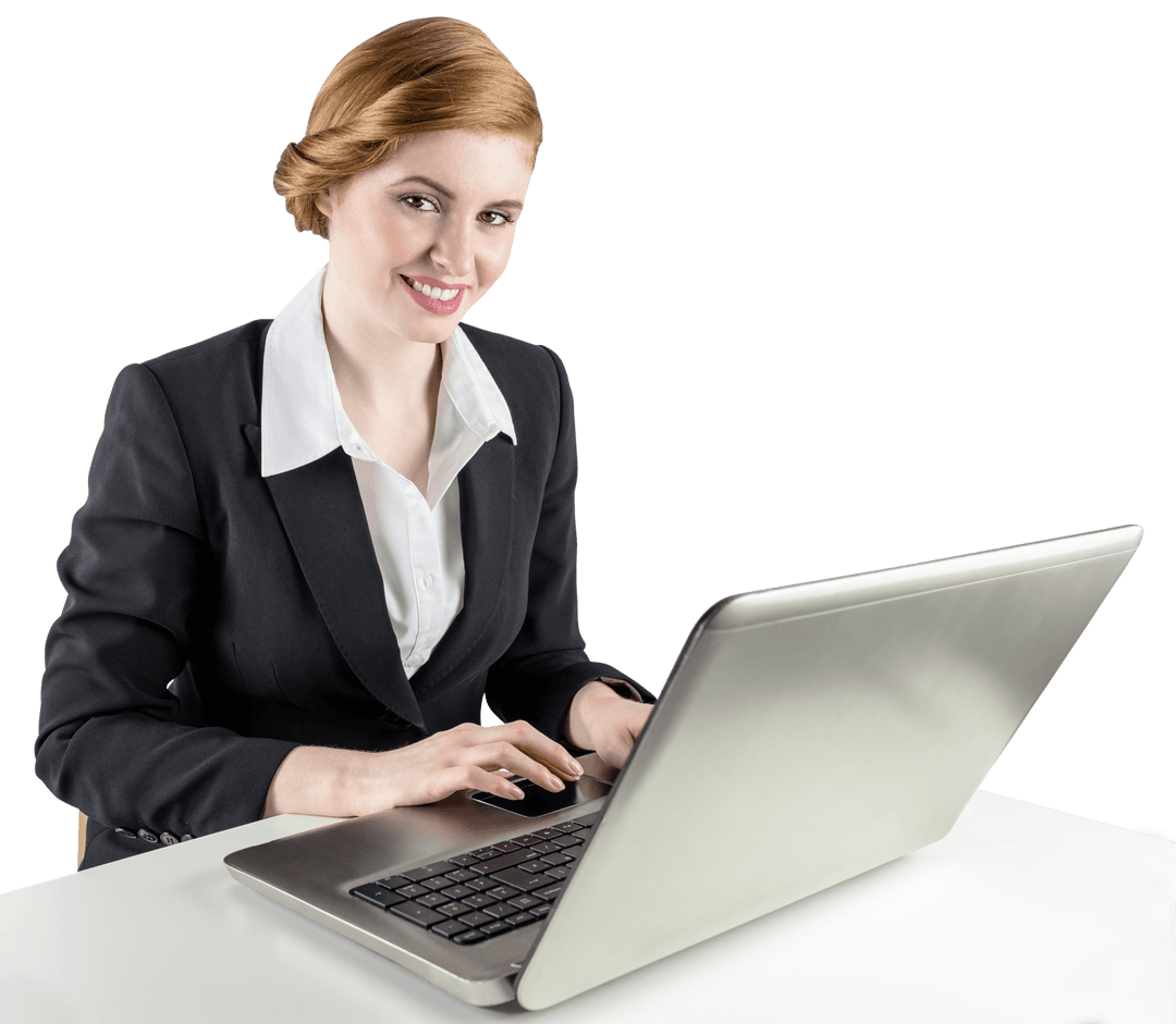 Transparent Businesswoman Working at Laptop in Formal Wear