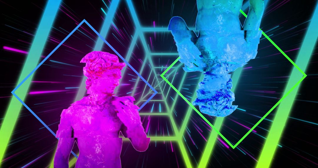 Futuristic Neon Digital Art with Classic Sculptures