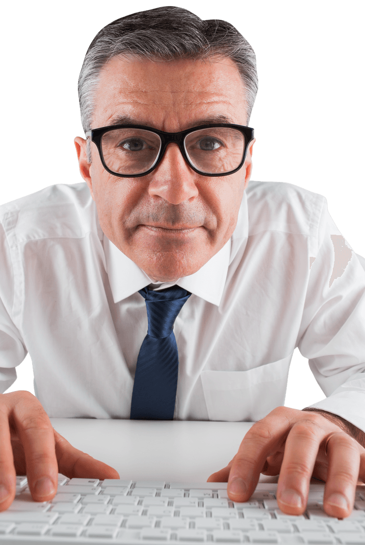 Mature Businessman Focused on Typing with Transparent Background