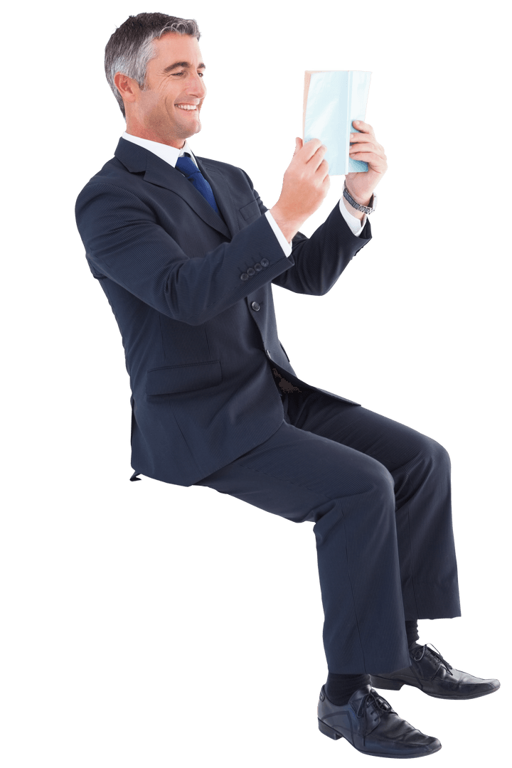 Happy Businessman Examining Friendly Notebook on Transparent Background