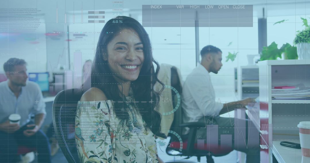 Businesswoman with Virtual Data Interface Overlay