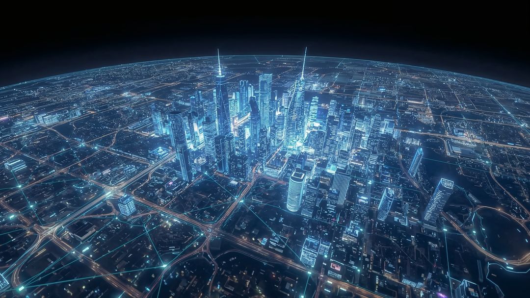 Futuristic Neon-Lit Skyscrapers Above Grid-Like Metropolis