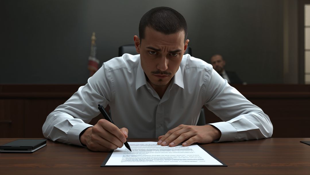Hispanic man signing legal documents at courtroom table, concentrating before trial