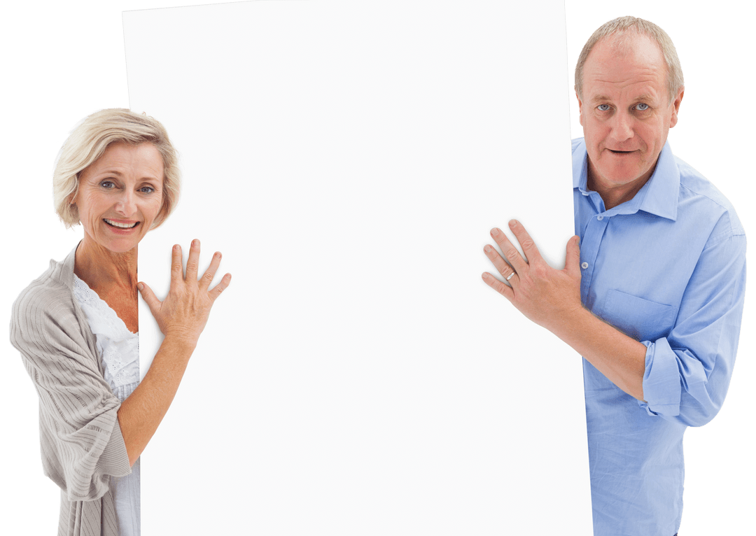 Smiling Mature Couple Holding Large Blank White Board Transparent