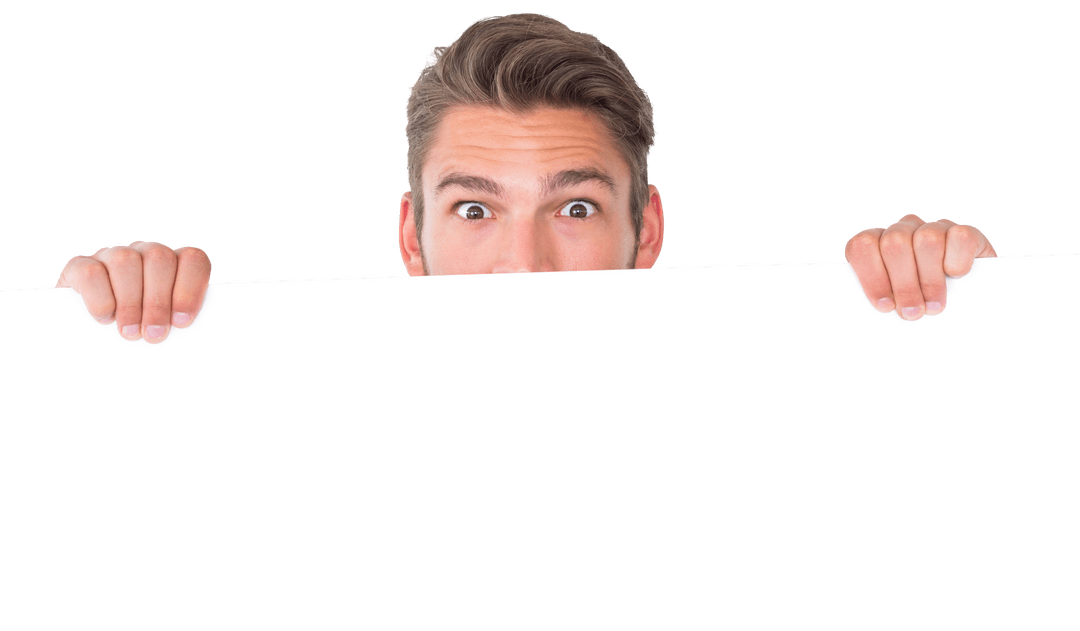 Transparent Background of Surprised Young Man Holding Blank Poster