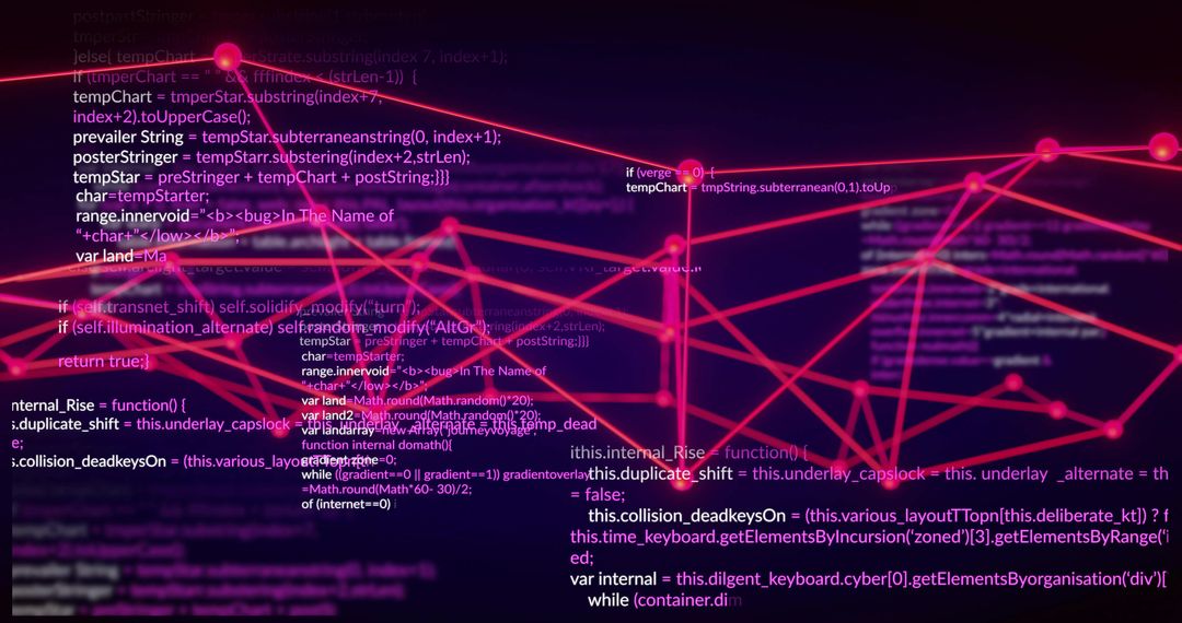 Neon Magenta Network Viz with Glowing Nodes and Overlaid Code for Cybersecurity Data