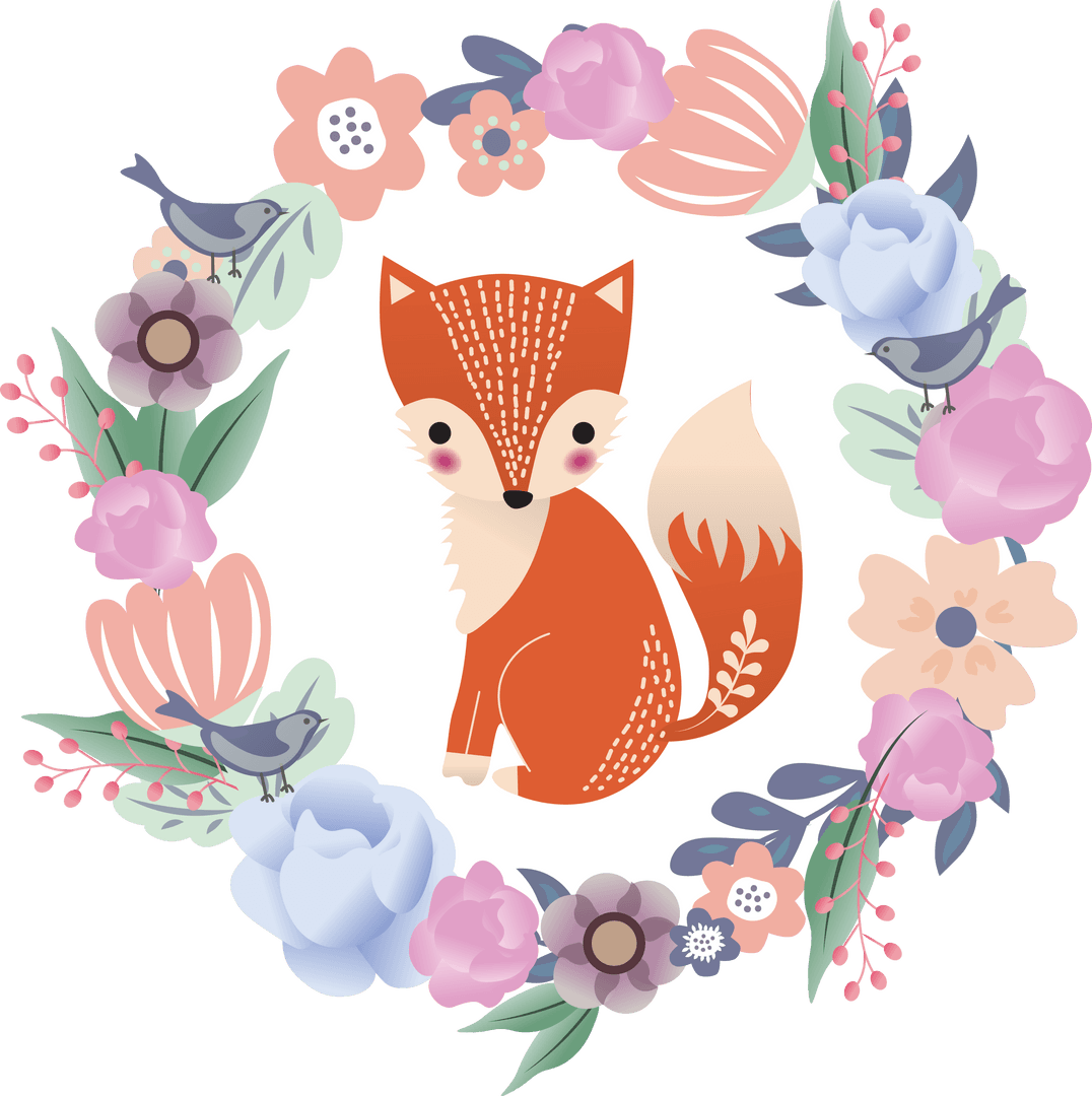 Cute Cartoon Fox in Floral Wreath on Transparent Background