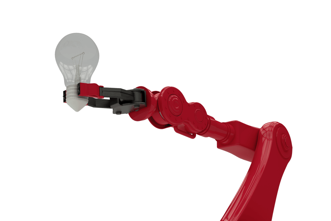 Innovative Red Robotic Arm Holding Transparent Light Bulb