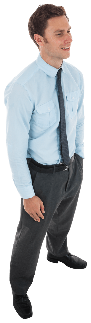 Transparent Happy Businessman in Formal Attire with Hand in Pocket Smiling