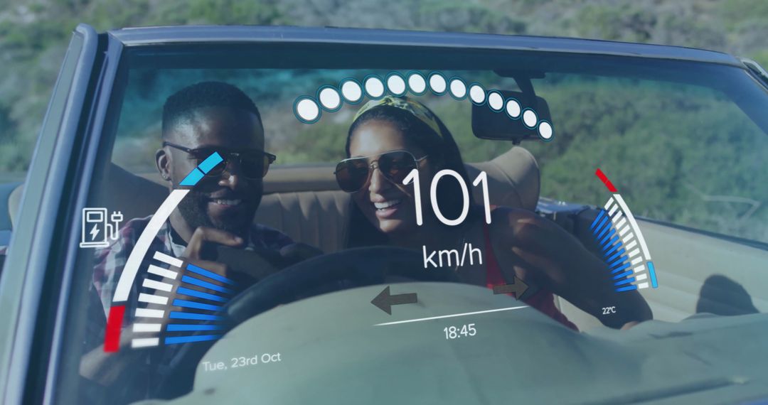 Couple Enjoying Convertible Drive with Digital Overlay
