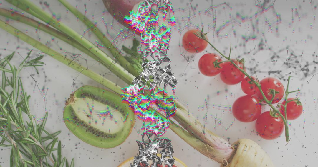 Splitting iridescent glitch across produce flatlay with kiwi vine tomatoes scallions