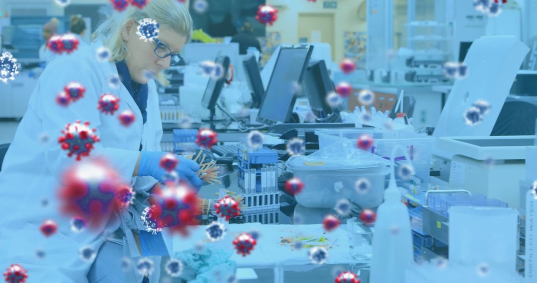 Lab Technician Examining Samples Amidst Virtual Virus Particles