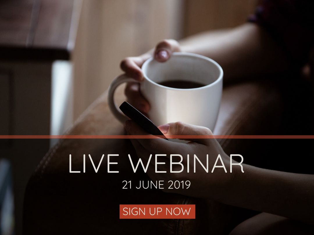 Hands Holding Coffee Mug and Smartphone for Webinar Concept