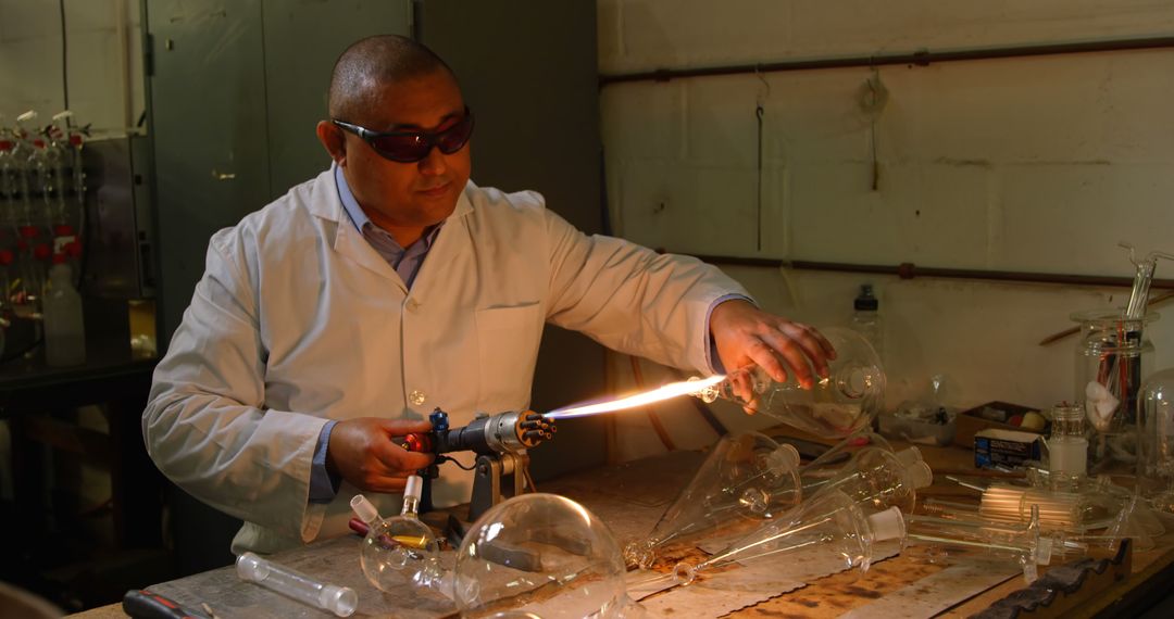 Scientist Shaping Laboratory Glass with Blowtorch in Workshop - Free Images, Stock Photos and Pictures on Pikwizard.com