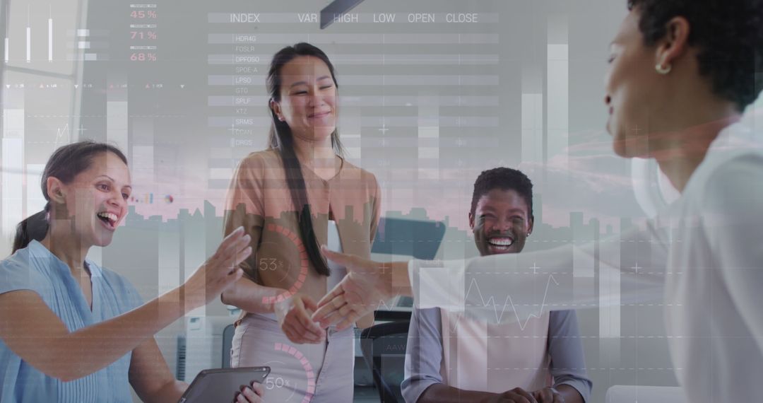 Diverse Team Discussing Strategies with Financial Data Overlay