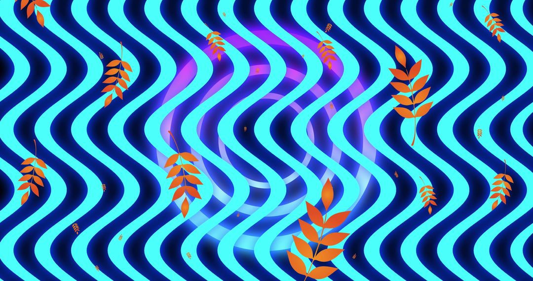 Abstract Autumn Leaves on Blue Wavy Background